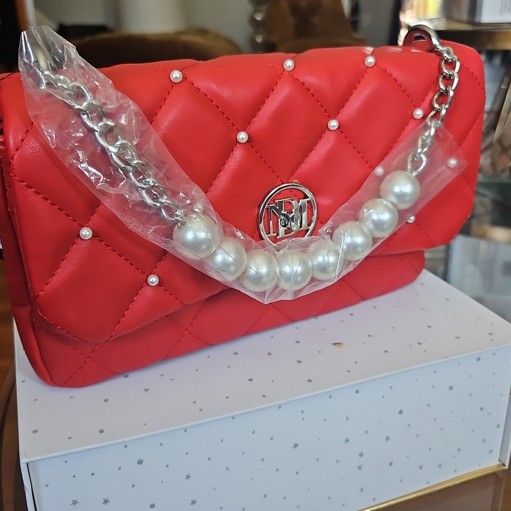 BADGLEY MISCHKA Red Quilted Pearl Chain Shoulder Bag